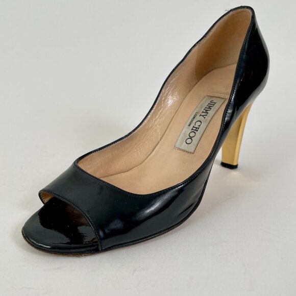 Jimmy Choo Black Patent Leather Peeptoe Pumps With Gold Detail, Size 37 (7) - Picture 7 of 11